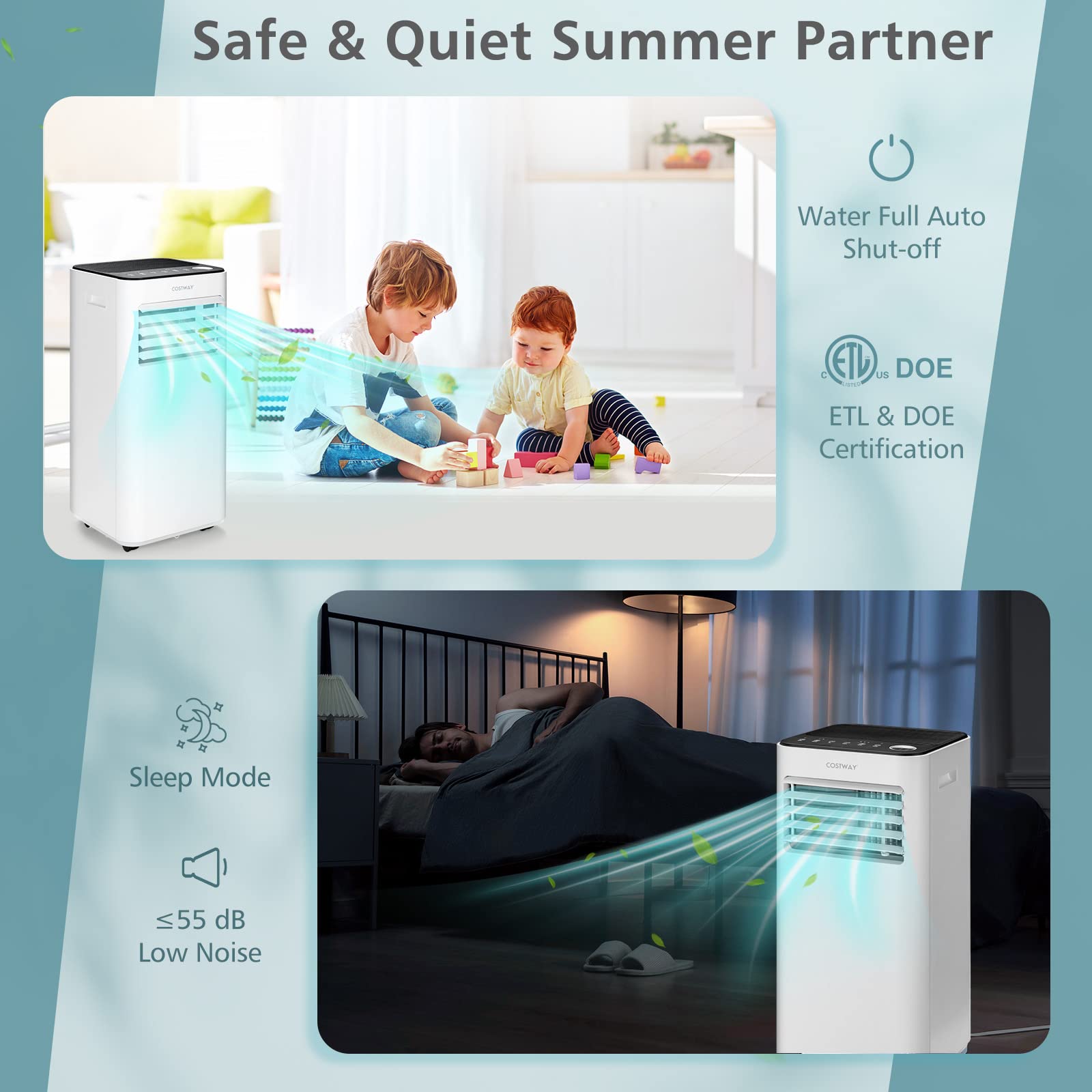 Costway 10000 Btu Portable Air Conditioner, With Fan & Dehumidifier Mode, Quiet Ac Unit With Sleep Mode, 2 Speeds, 24H Timer, Led Display, Remote Control, Cool Rooms Up To 350 Sq.Ft For Bedroom, Dorms